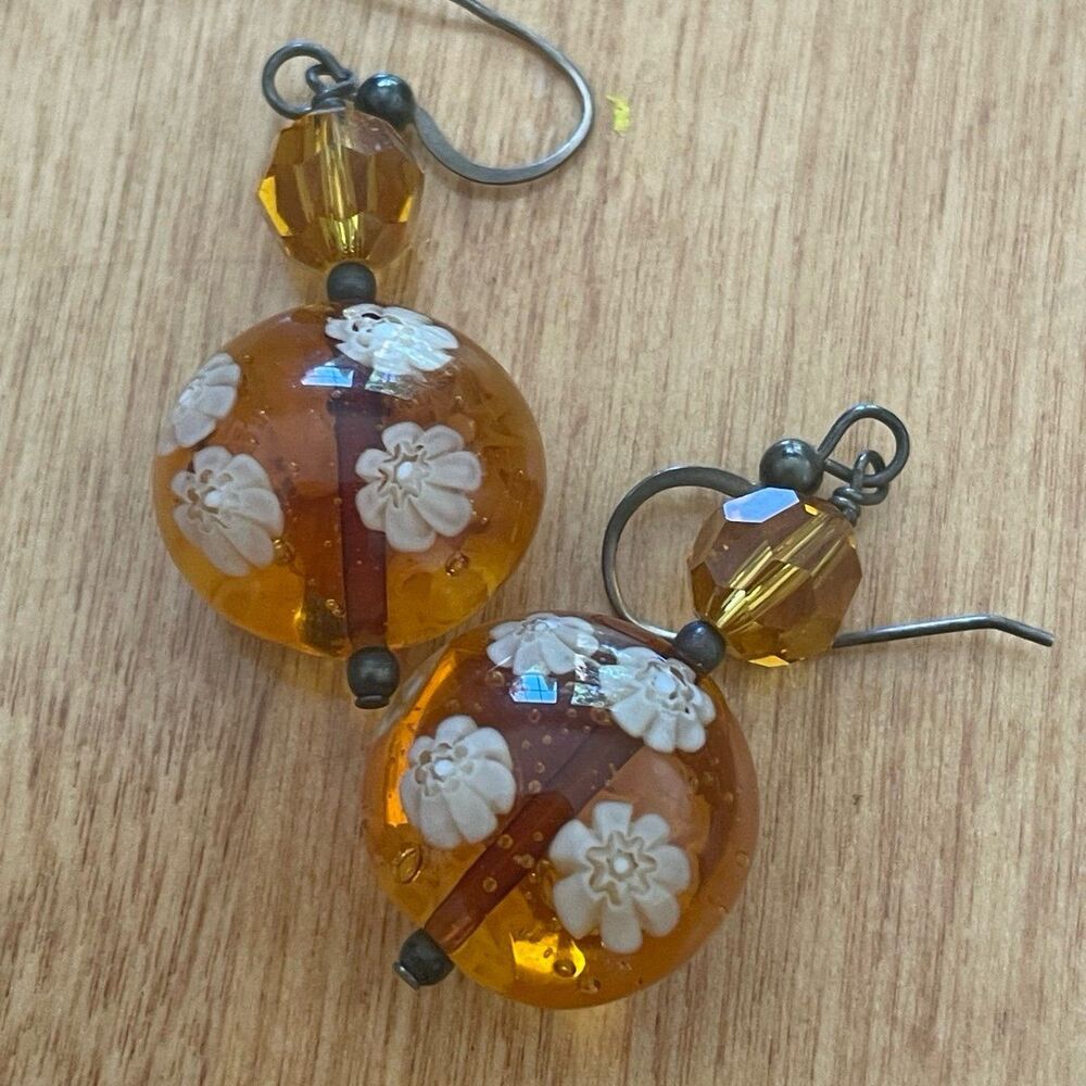 Vintage Amber Plastic Bead Dangle Earrings Hand Painted Cream Floral Flower Drop